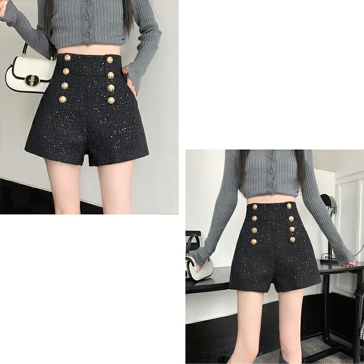 楽天市場】ダブルボタン ラメツイード ハイウエストショートパンツ