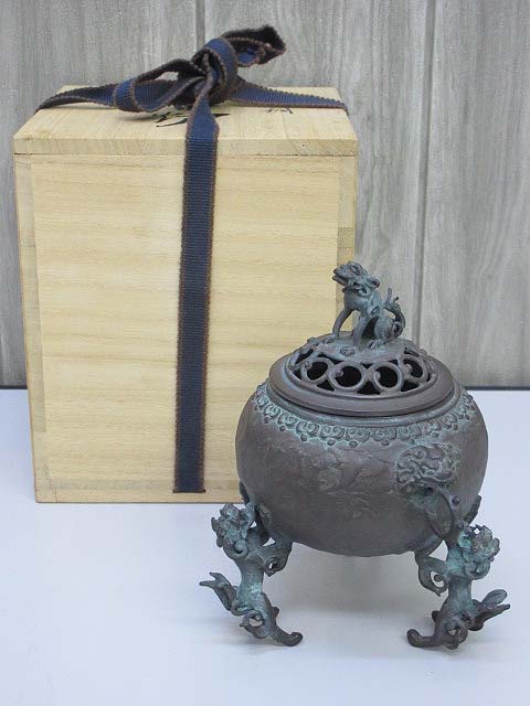1817 高岡銅器 須賀七郎作 月芳 蝋型鋳銅 三獅子 香炉 時代物