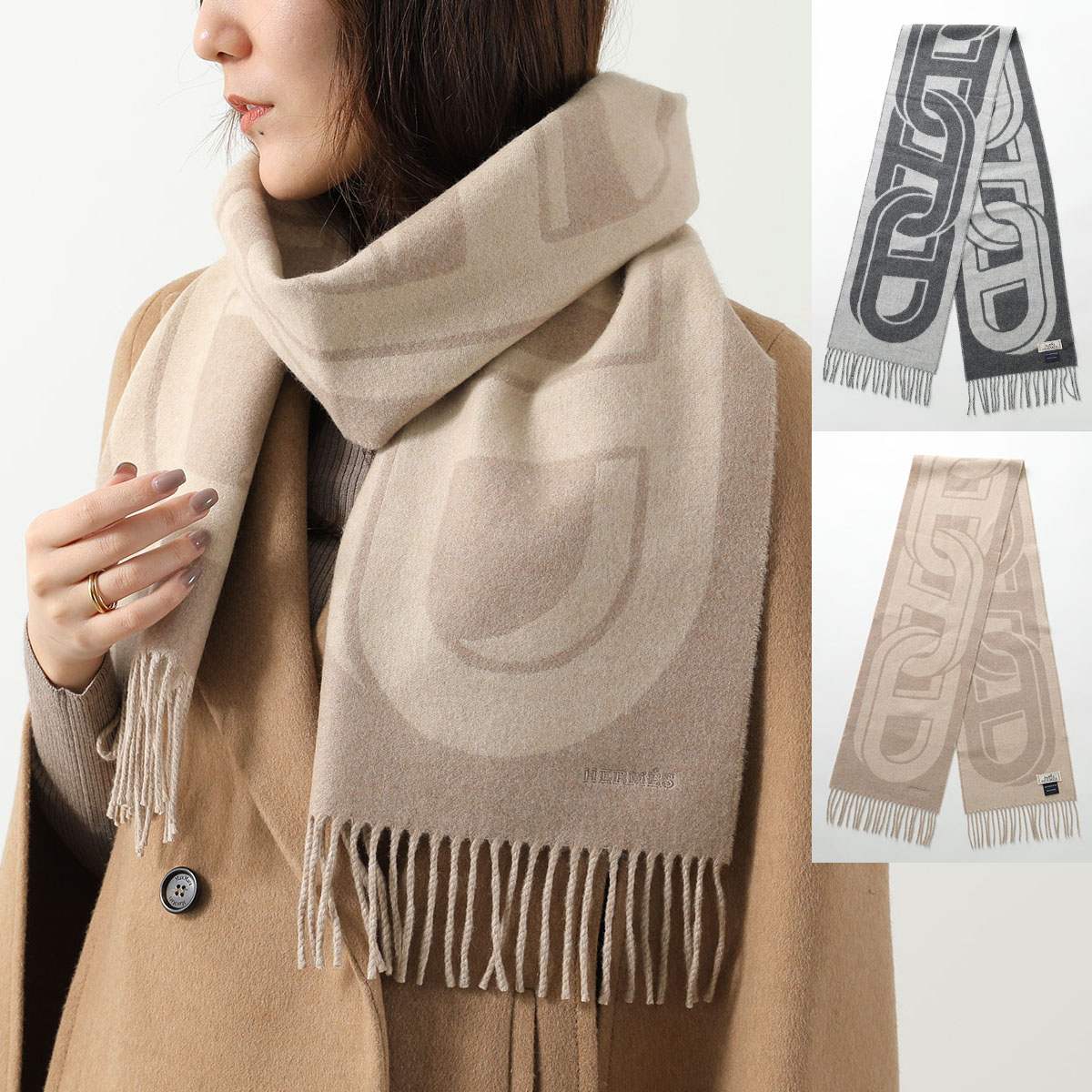 m*1様 エルメス　マフラー　カシミア✖️シルクスカーフ柄 HERMES（エルメス） カシミヤマフラー ジグザグのサングル 2色 3005