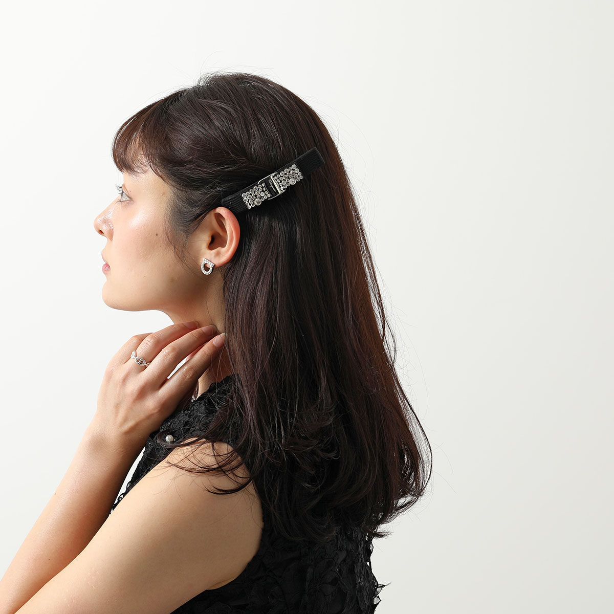 極美品✨フェラガモ バレッタ ビジュー ラインストーン シルバー