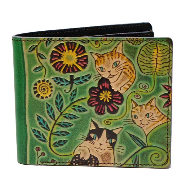 楽天市場】猫 財布 革財布 手染め 二つ折り財布 薄型タイプ猫と花