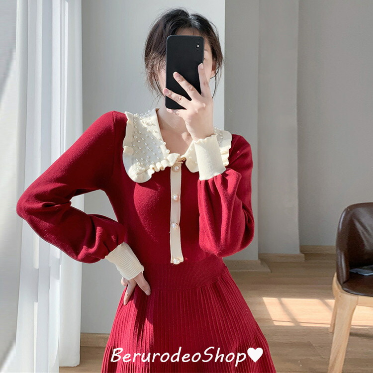 楽天市場】ニットワンピース レディース 赤 黒 襟付き 可愛い Aライン