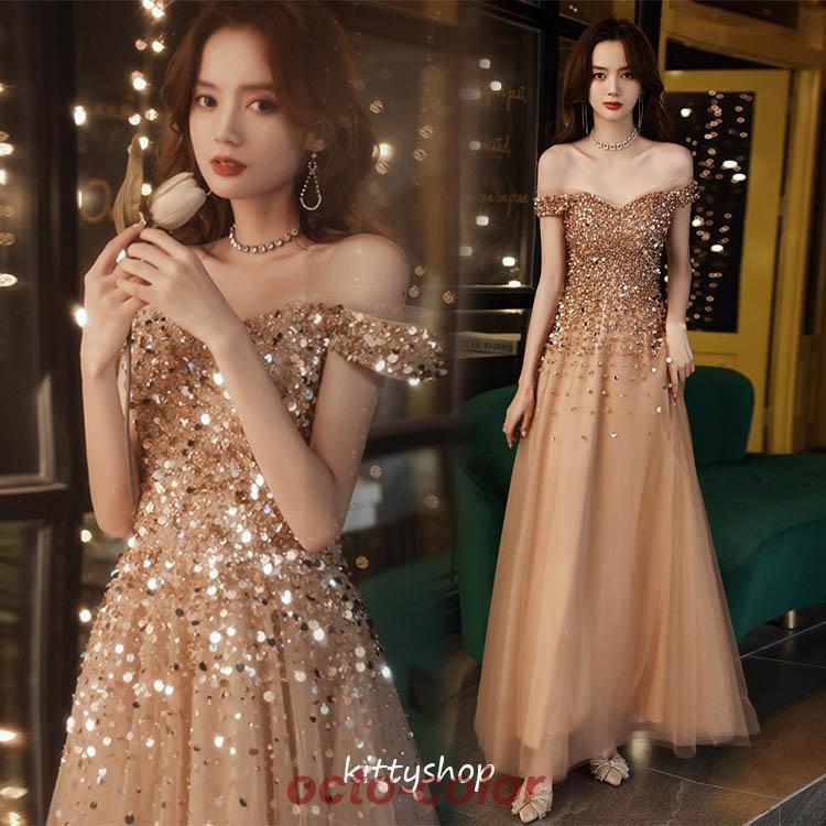 楽天市場】イブニングドレス オフショルダー スパンコール