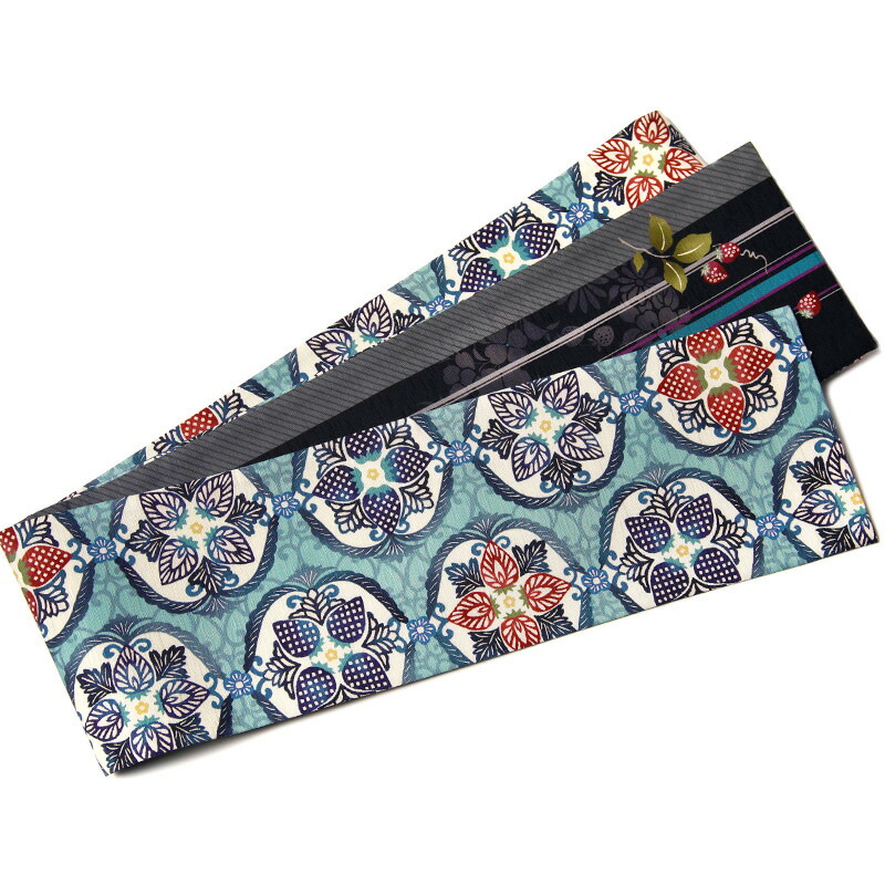 楽天市場】半幅帯 WAKKA 苺一会 イチゴ 青 水色 黒 帯締め風 縞 モダン