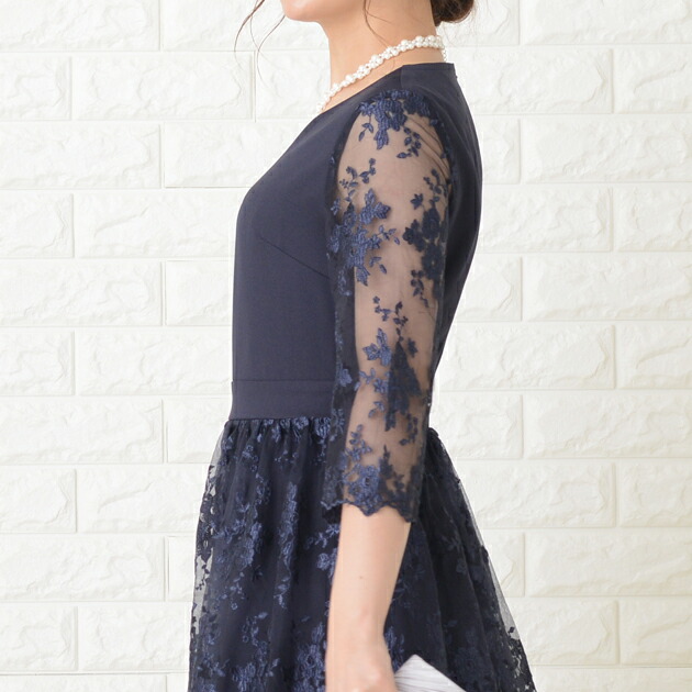 楽天市場】花柄シースルー袖 ロングドレス ブラック ネイビー グレー