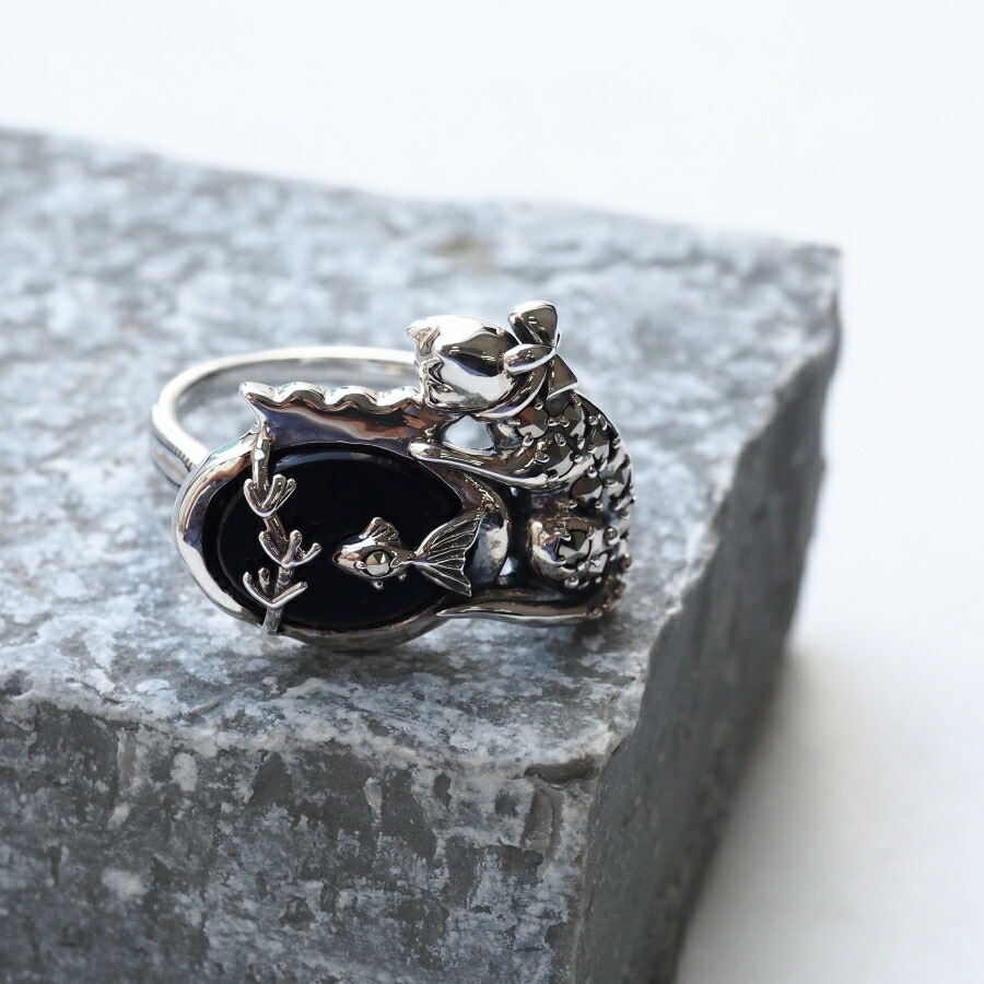 11号 ヴィンテージ シルバー925 オニキス マーカサイト 指輪 リング 白