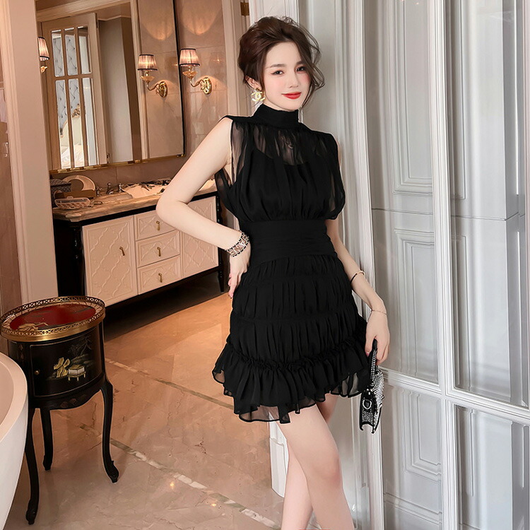 楽天市場】ブラックワンピ ギャザー入り パーティードレス シースルー