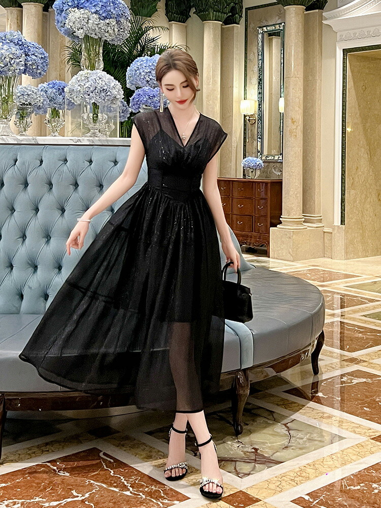 楽天市場】パーティードレス Aラインワンピ ノースリーブ Vネック シア