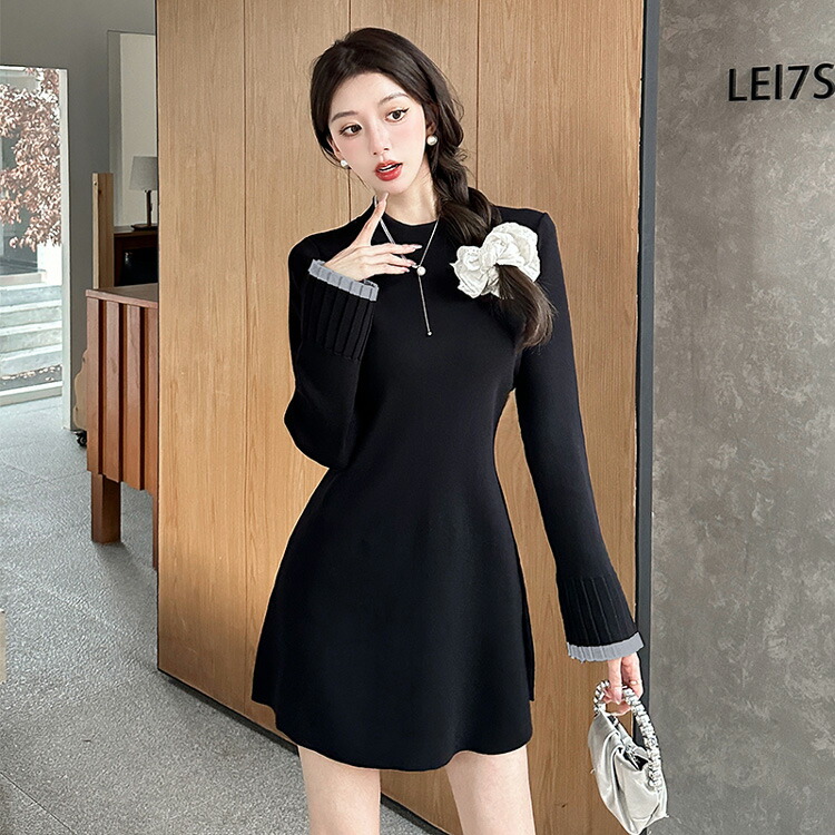 楽天市場】ニットワンピース ミニ丈 全2色 ハイネック フレア袖 配色