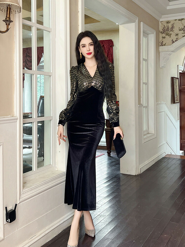 楽天市場】ベロア ワンピース 全3色 タイト Vネック ドッキング