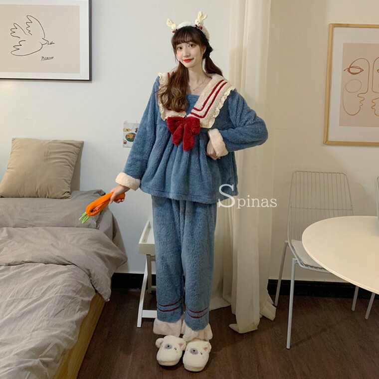 セーラー襟リボン付きフリースパジャマ セーラー襟リボン付きフリース