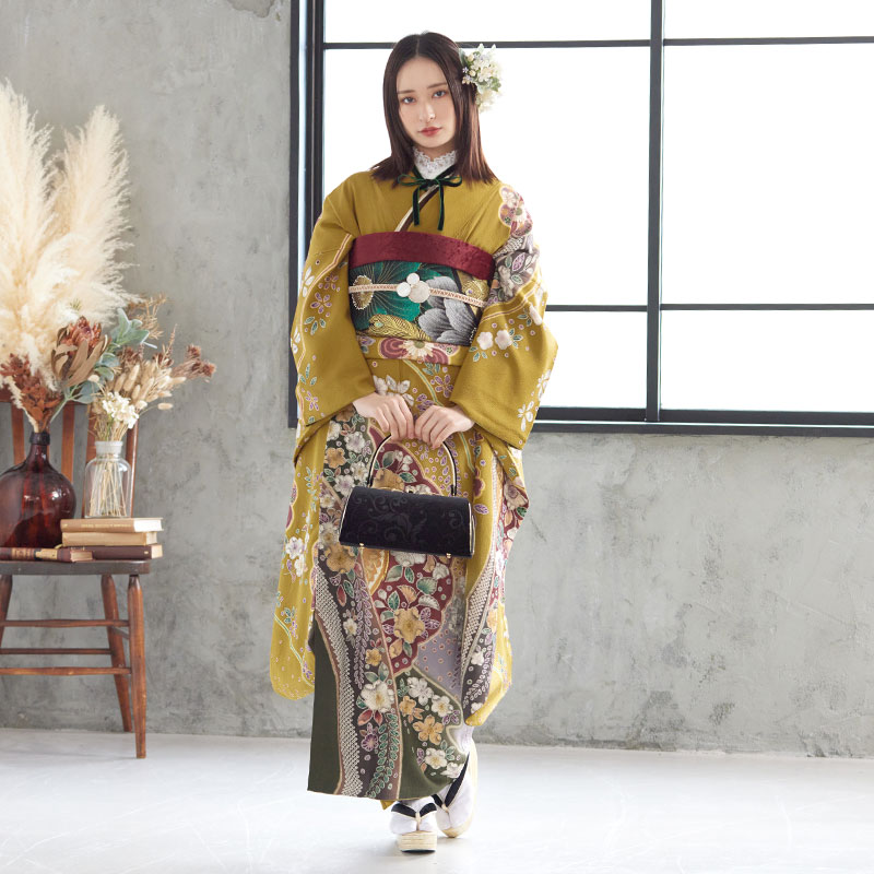 楽天市場】【振袖 レンタル】 結婚式 結納R1347 正絹 黄土 古典辻が花