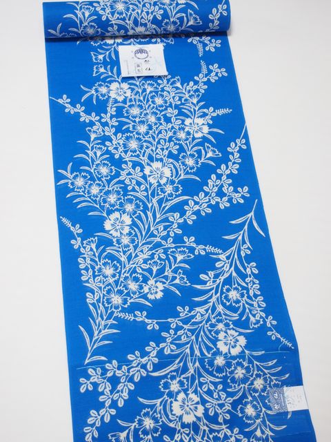 楽天市場】竺仙鑑製浴衣地 綿絽地染 注染染め 撫子と萩 明るい青地に白