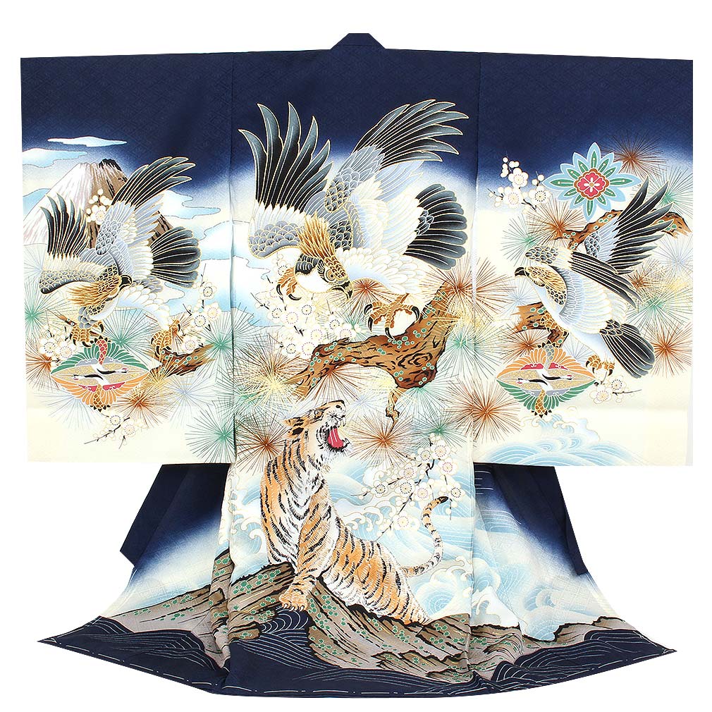 楽天市場】お宮参り 着物 男の子 絹100% 正絹初着 掛け着 産着 紺 鷹に