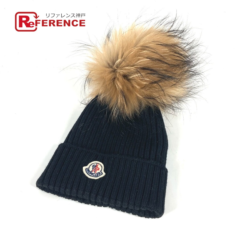 MONCLER ブラックニットキャップビーニーファー MONCLER ブラック