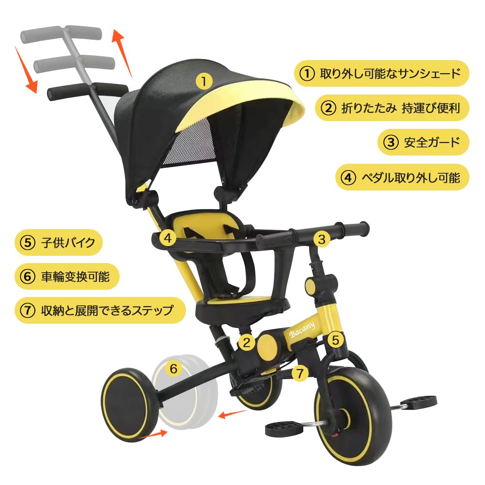 楽天市場】Bacany 子供用三輪車 7in1 三輪車 ステップ付き 折りたたみ