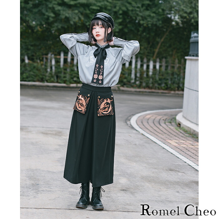 楽天市場】RomelCheo 狐仙 刺繍 ガウチョ パンツ ワイド 袴 九分丈