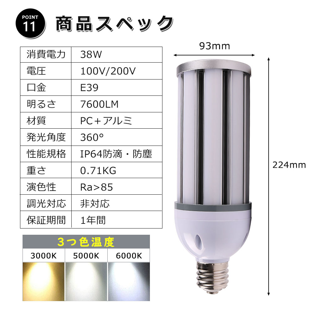 楽天市場】コーン型ランプ 38W E39口金 コーン型 LED水銀ランプ