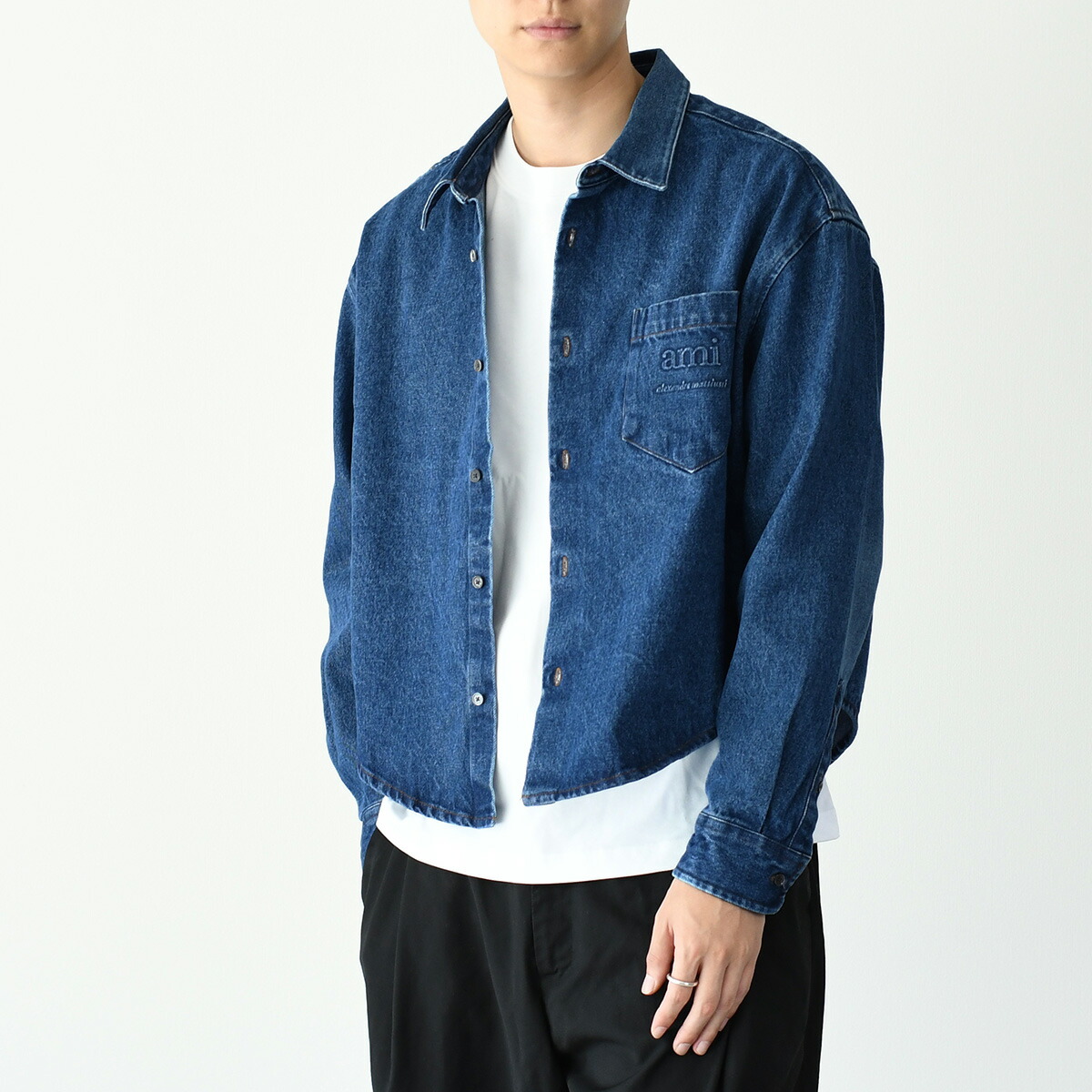 AMI Paris ハートロゴ アミパリス 長袖 シャツ ロゴ M ライトブルー