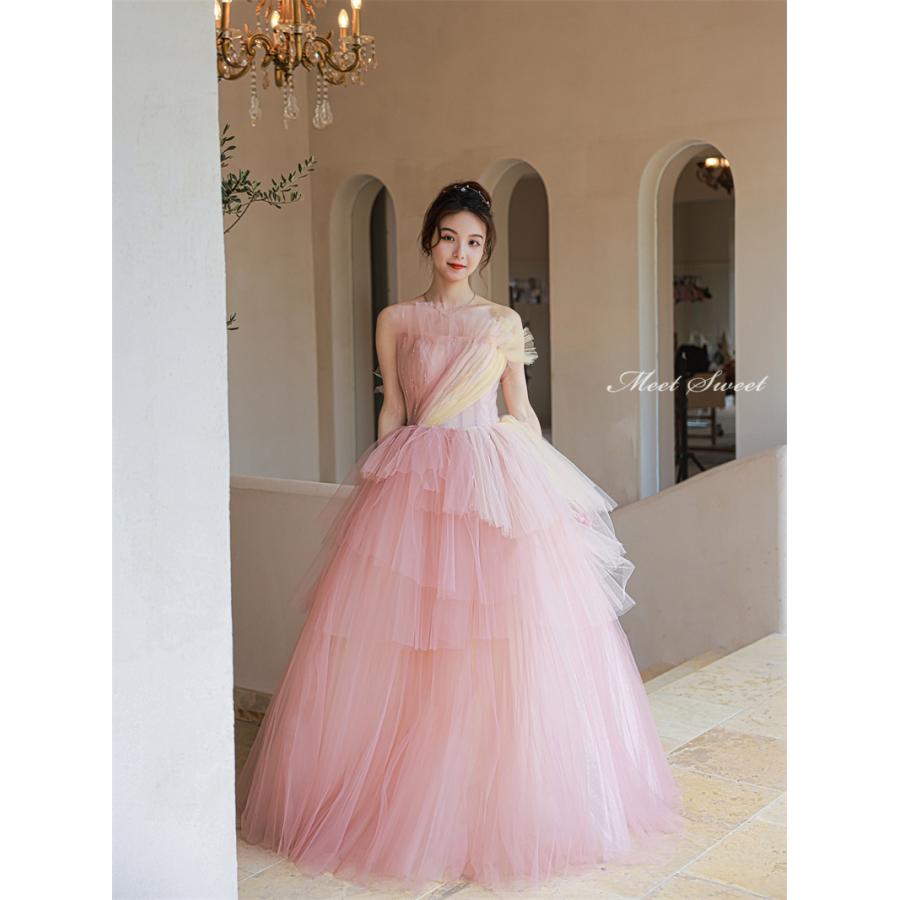 楽天市場】カラードレス ロングドレス ピンク フリル プリンセスドレス