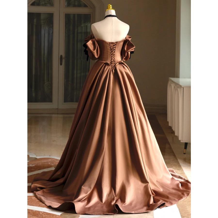 楽天市場】カラードレス 編み上げ ブラウン 半袖 サテン ロングドレス
