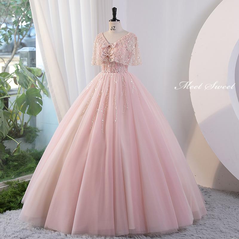 楽天市場】カラードレス 編み上げ ピンク ケープ風袖 ロングドレス