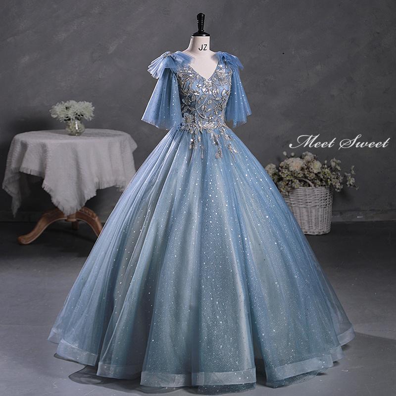 楽天市場】カラードレス 編み上げ ブルー フリル袖 大人 ロングドレス