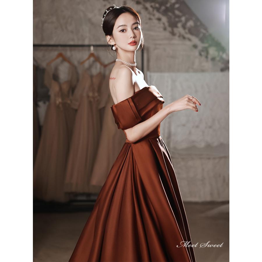 楽天市場】カラードレス 編み上げ ブラウン オフショルダー ロング