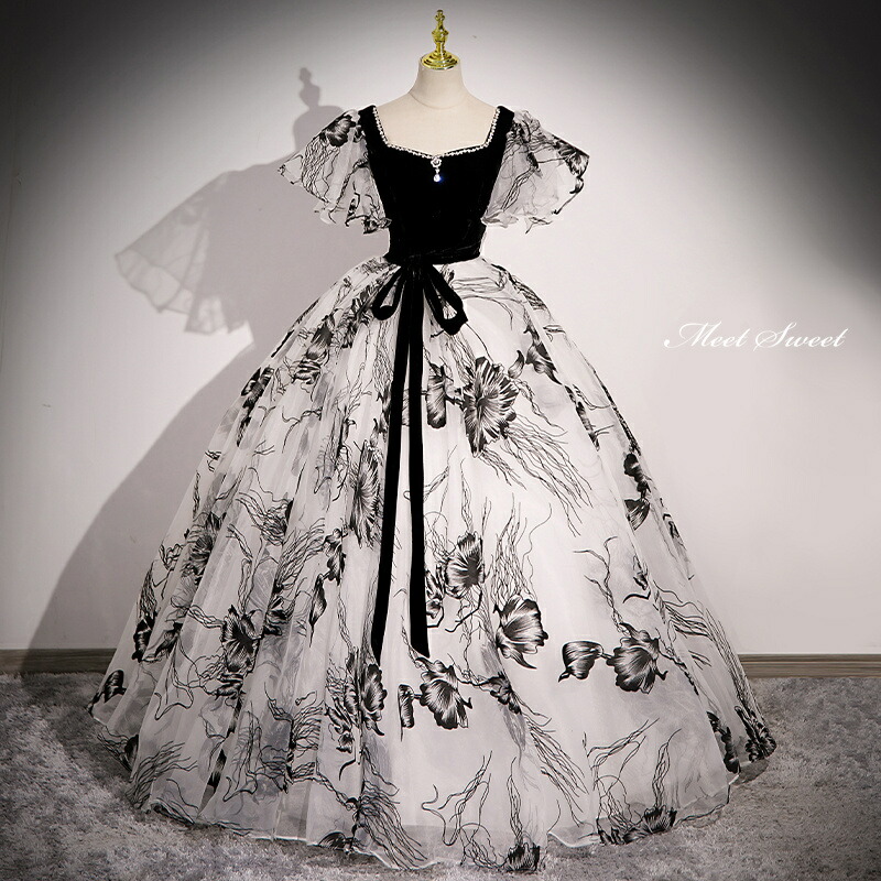 楽天市場】カラードレス プリンセスライン ブラック 黒 花柄 フレア