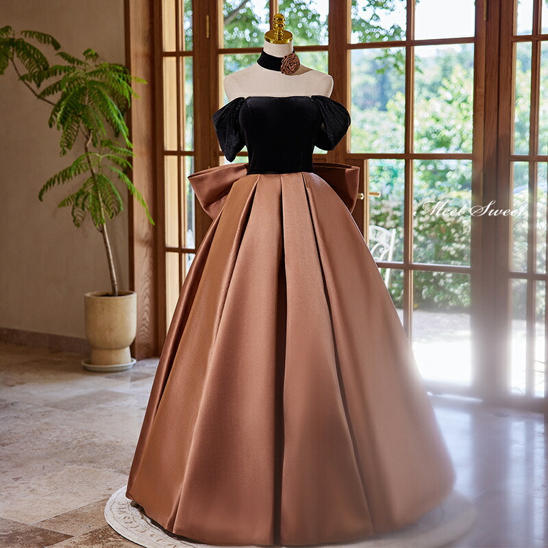 楽天市場】カラードレス ロングドレス オフショルダー ブラウン