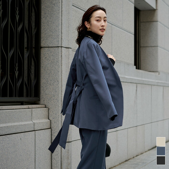 楽天市場】ベルト付ノーカラージャケット アウター レディース