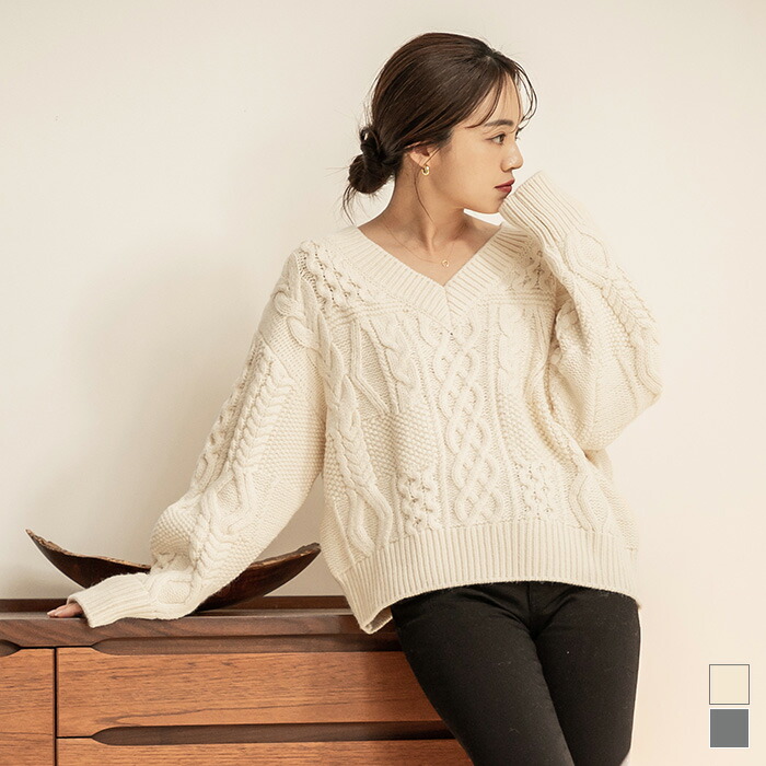 楽天市場】Vネックローゲージケーブルニット トップス レディース