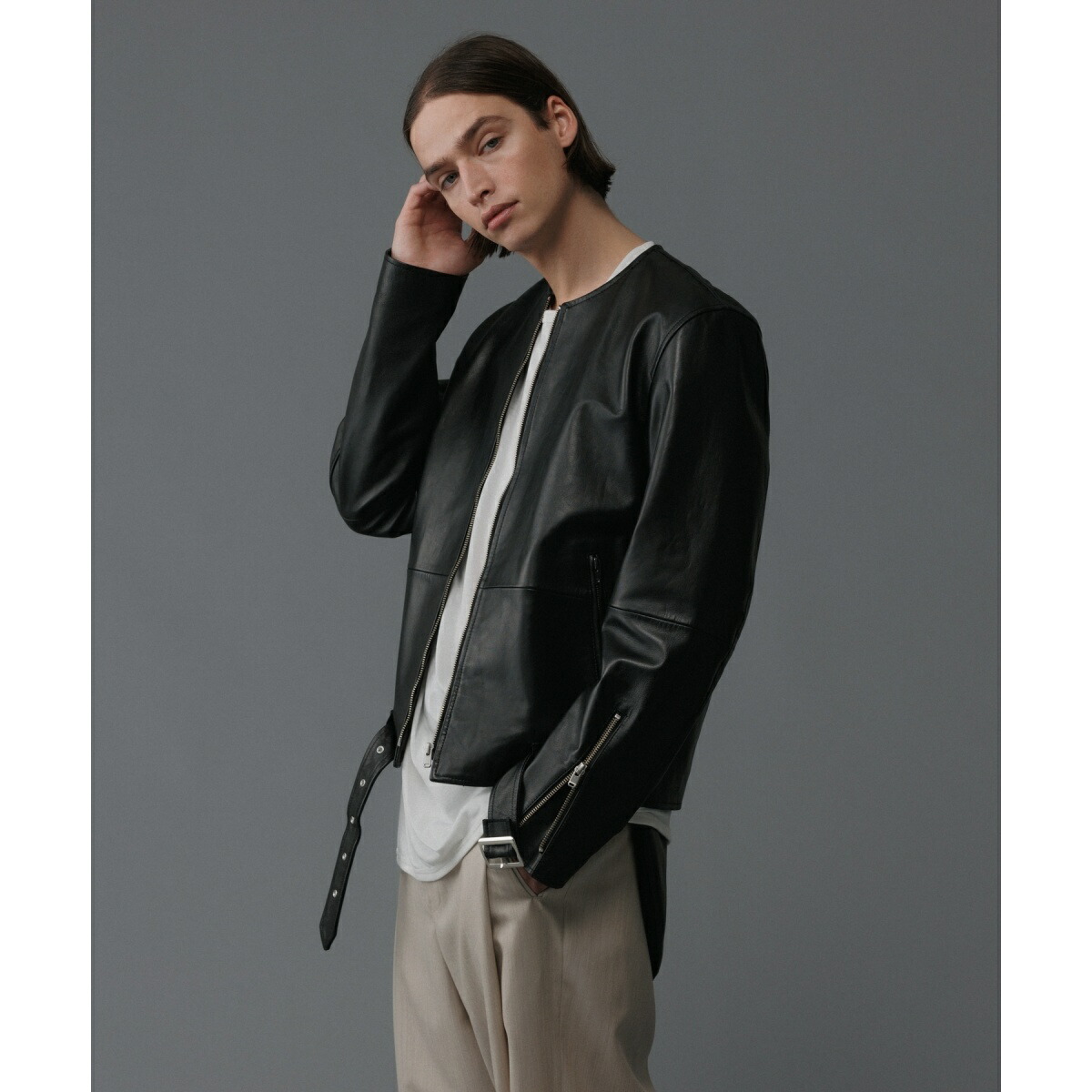 アダムエロペ レザージャケット ノーカラー ライダース M シープスキン