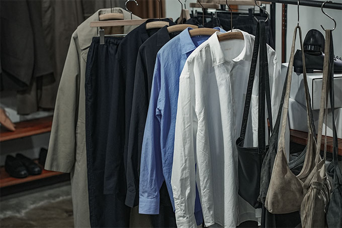 COMOLI -コモリシャツ, ウールフラノ スタンドカラージャケット&パンツ