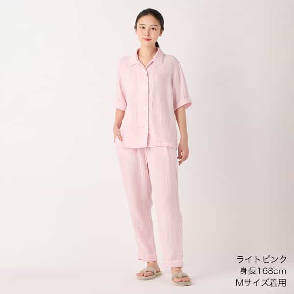 クレープガーゼパイピング半袖レディスパジャマ（RPS25921）-UCHINO