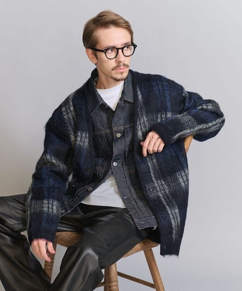 シャギー チェック Vネック カーディガン