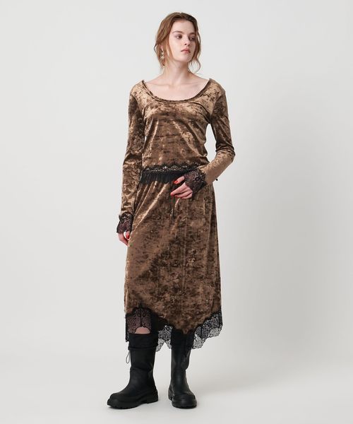 ASTRAET＞ベロア/レース イレギュラーヘムスカート