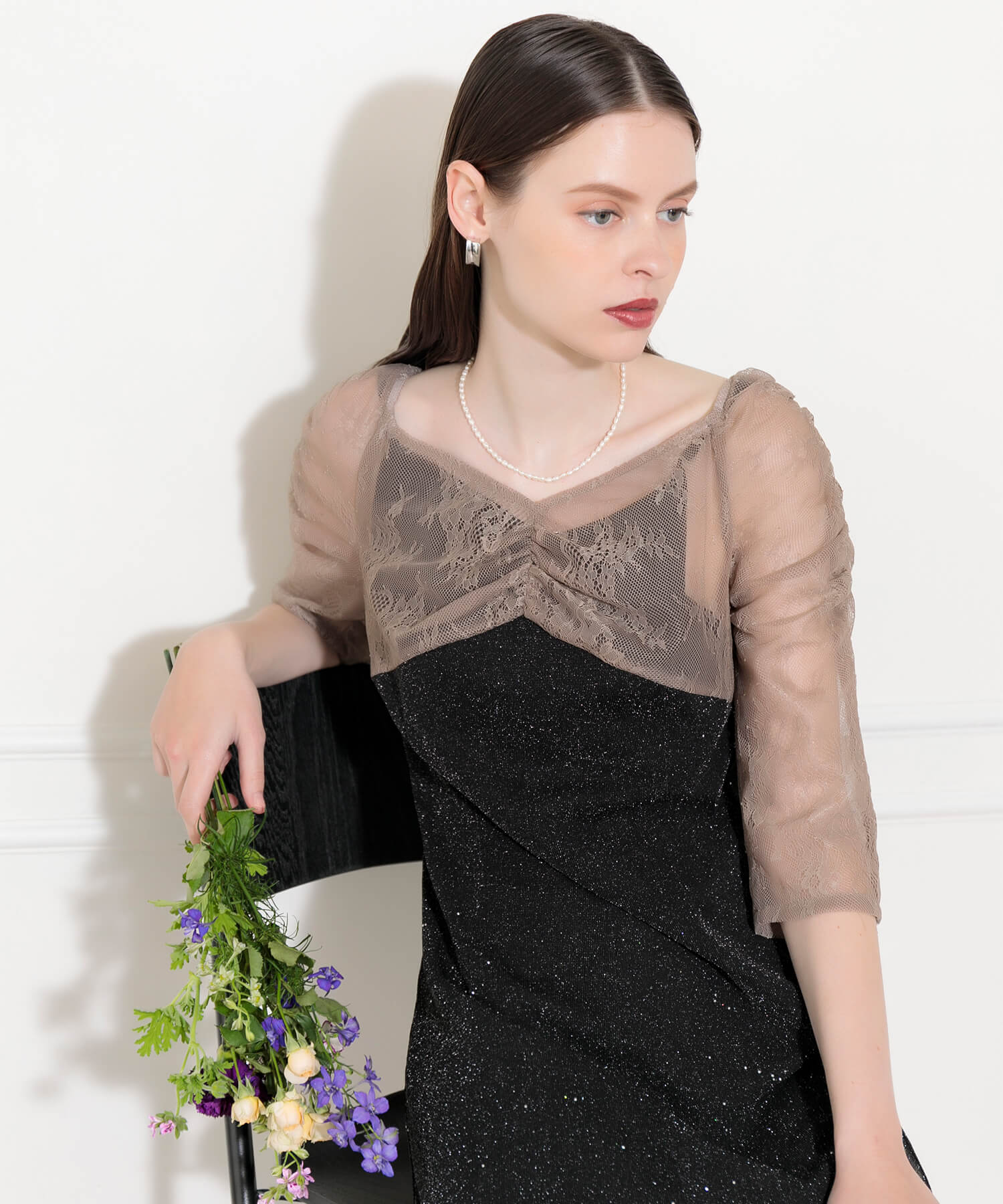 レース切替透けキラキラAラインロングドレスワンピース美脚効果結婚式