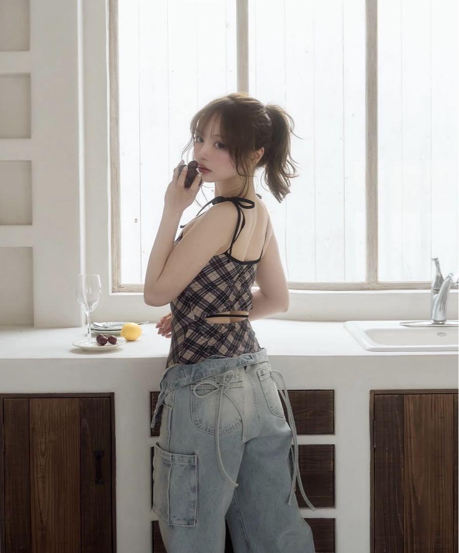 andmary Back ribbon denim cargo pants ribbon Back denim Mary And