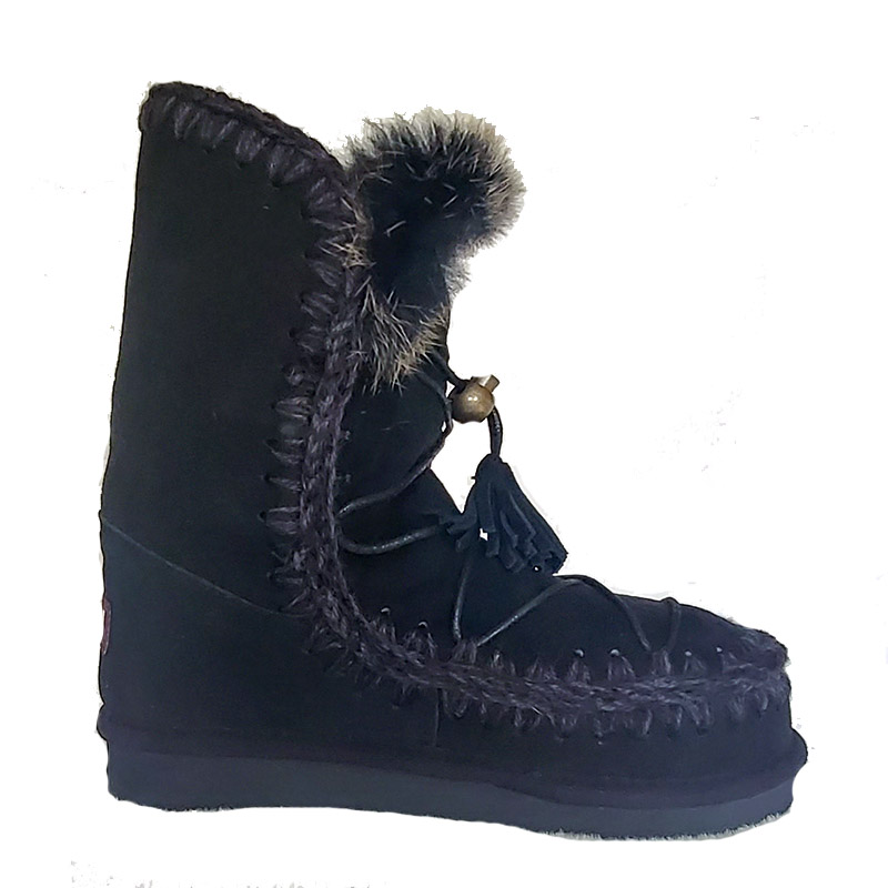 MOU Dream Catcher Lace Up Shearling & Rabbit Fur Boot in Black
