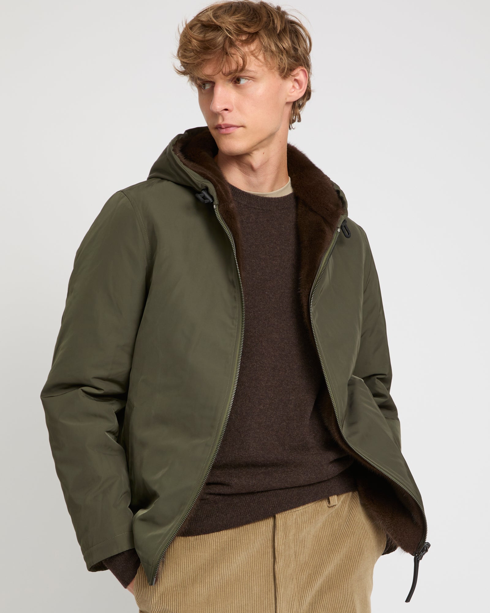 Reversible Hooded Jacket in Mink Fur and Technical Fabric - khaki