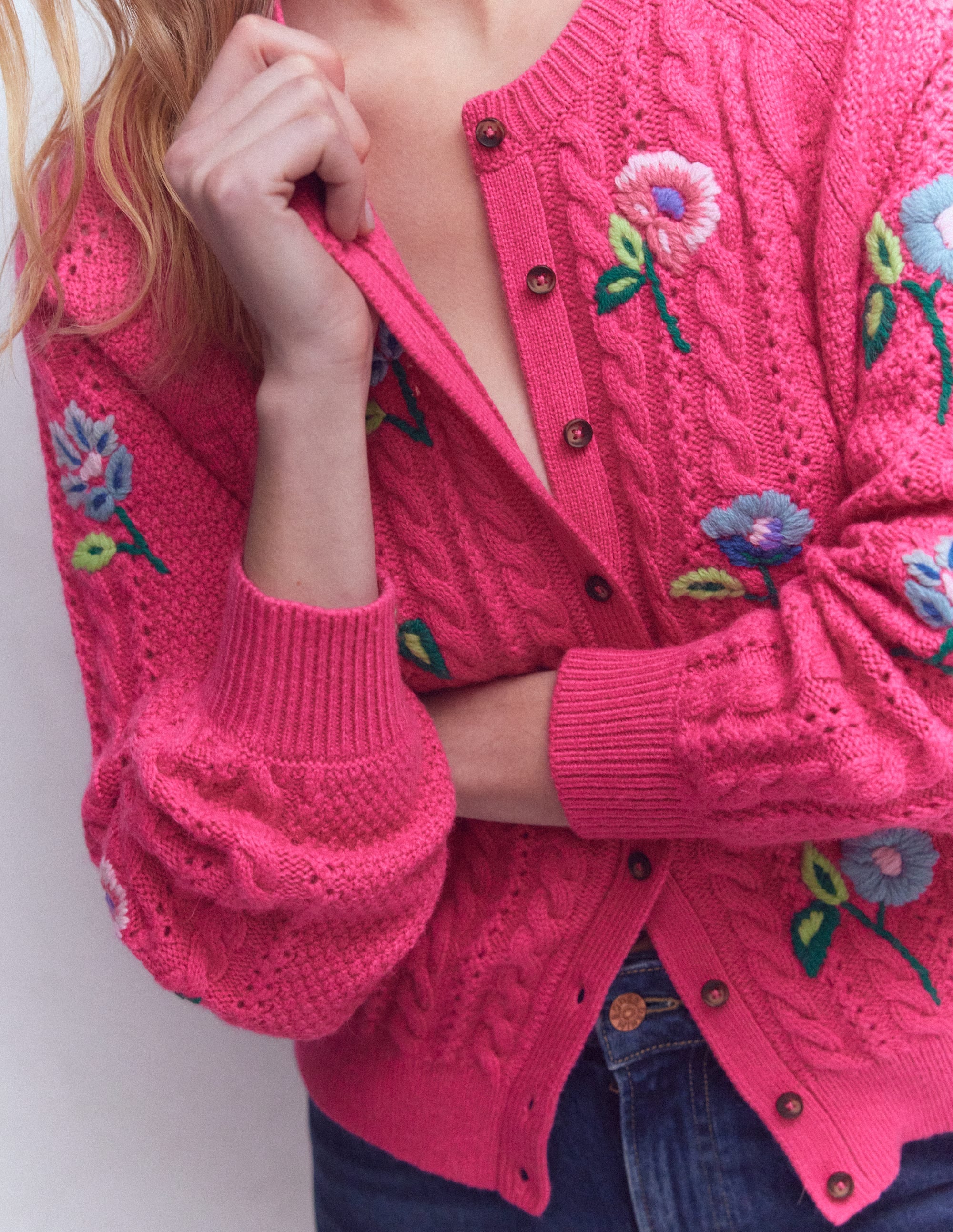 Liv Embroidered Cable Cardigan-Pink Peony | Boden USA