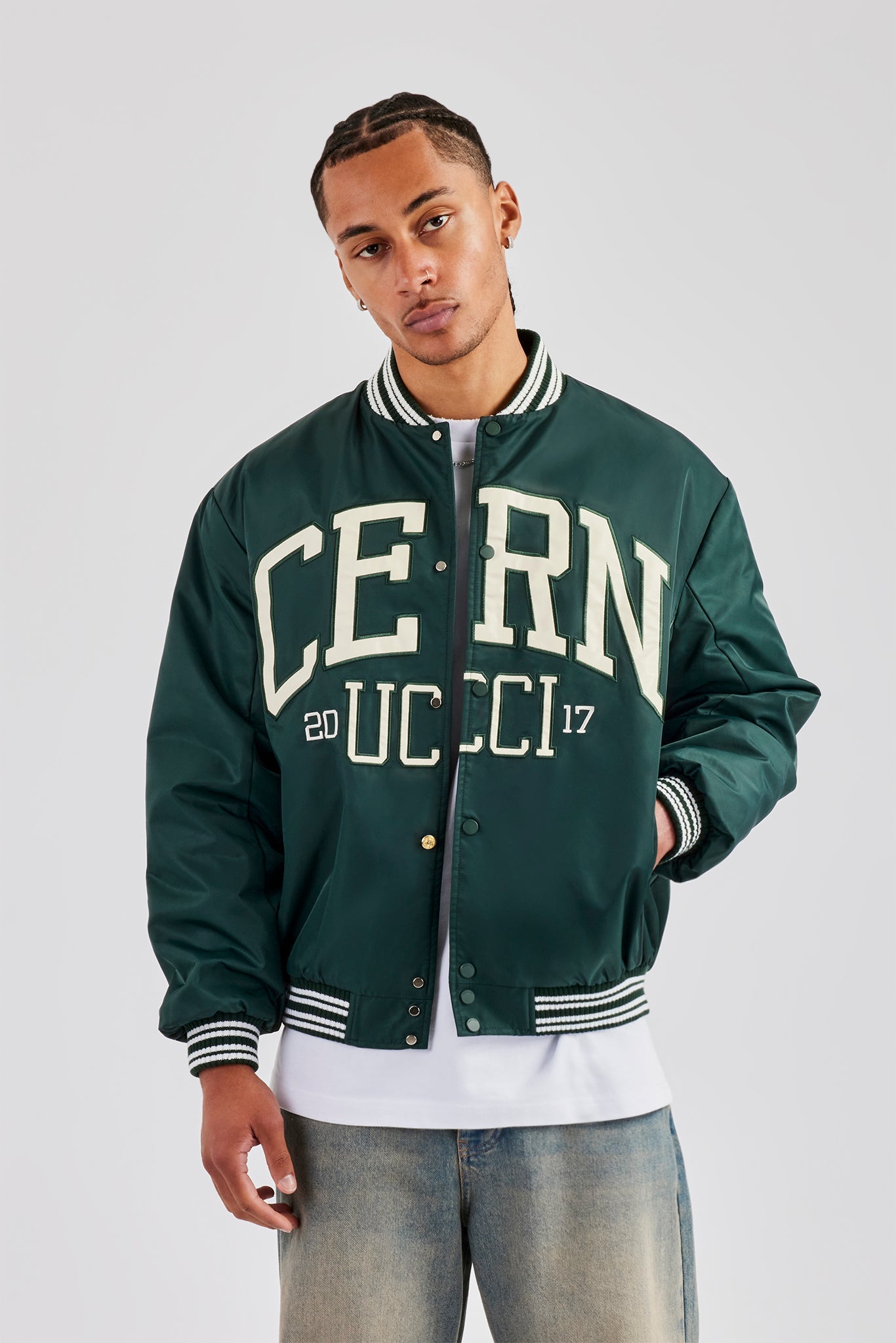 Oversized 17 Nylon Applique Bomber Jacket - Forest Green | Mens