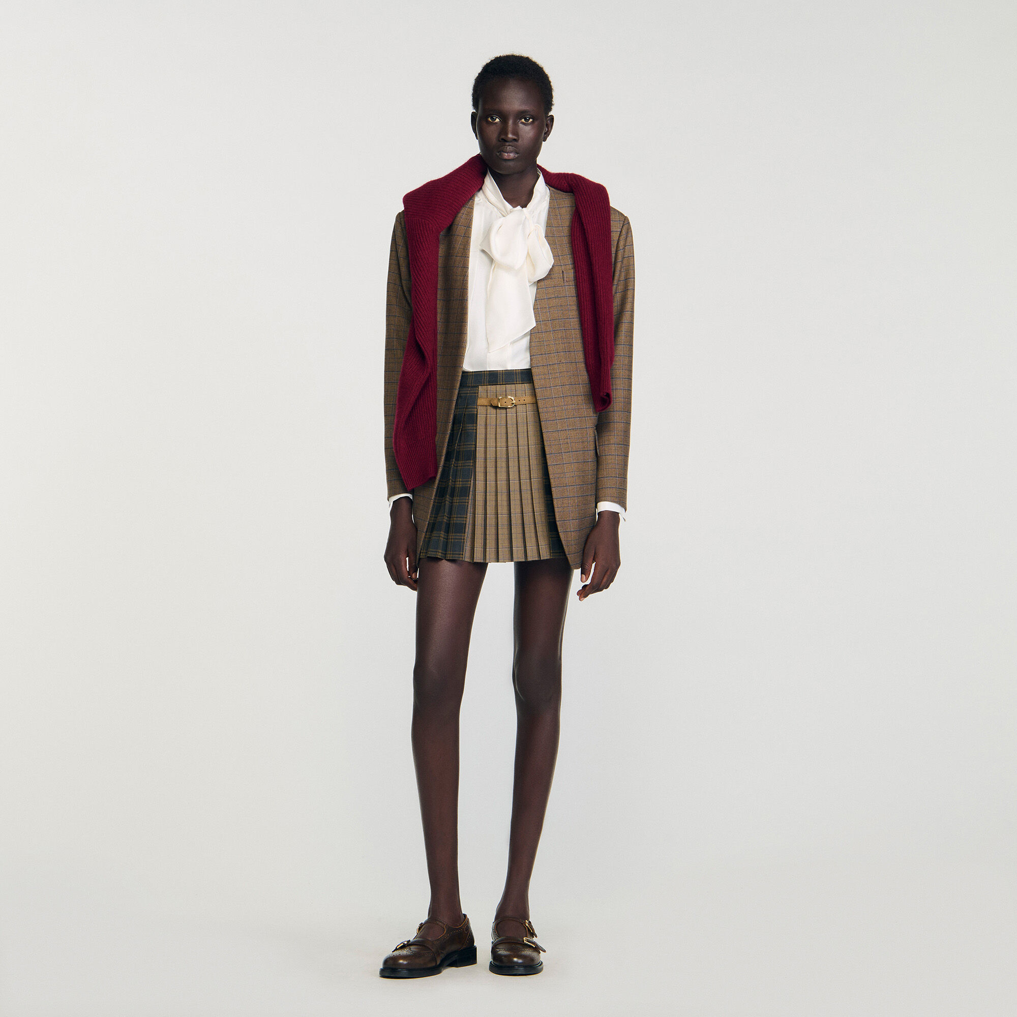 Check pattern pleated mini skirt in Ocher / Blue for Women