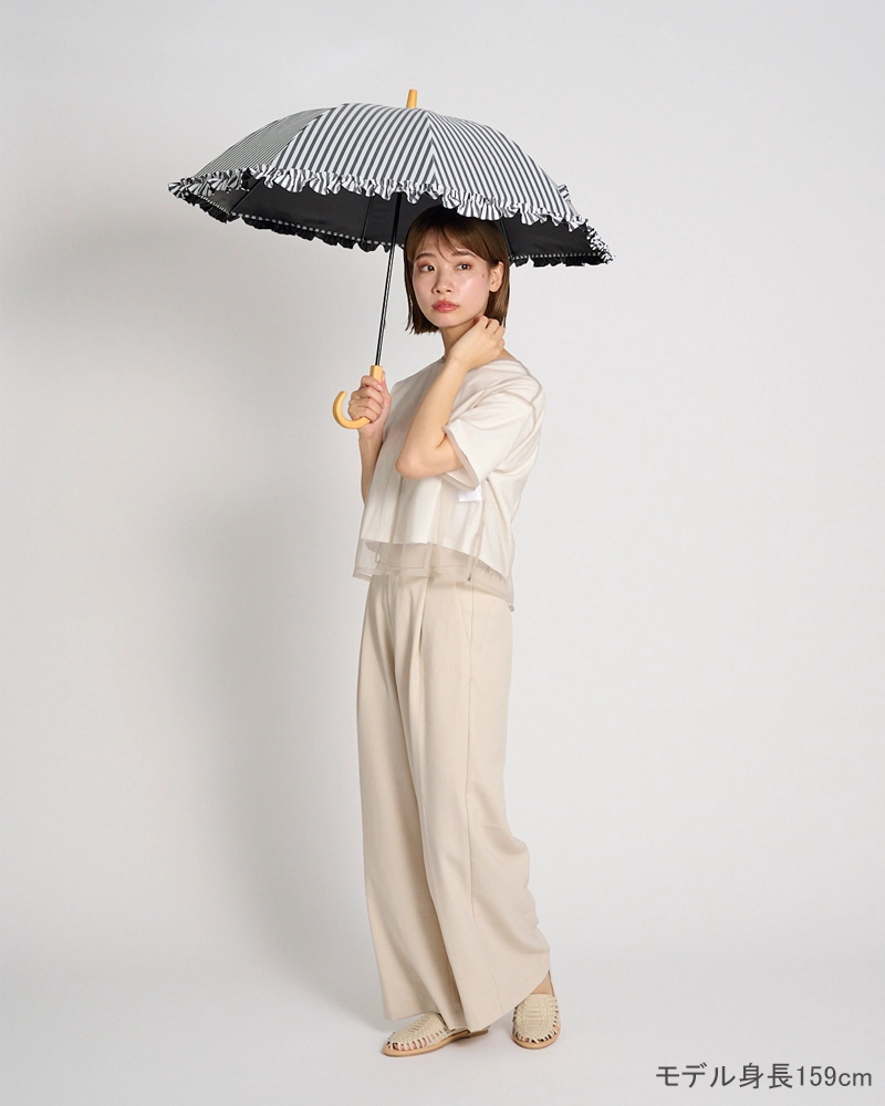 Sサイズ フリル / 白黒ストライプ | 完全遮光日傘｜サンバリア100