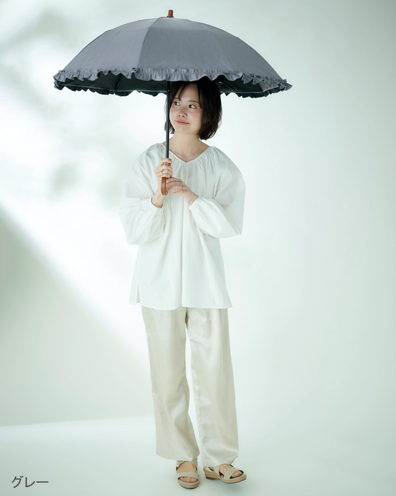 2段折 フリル / フロスト | 完全遮光日傘｜サンバリア100
