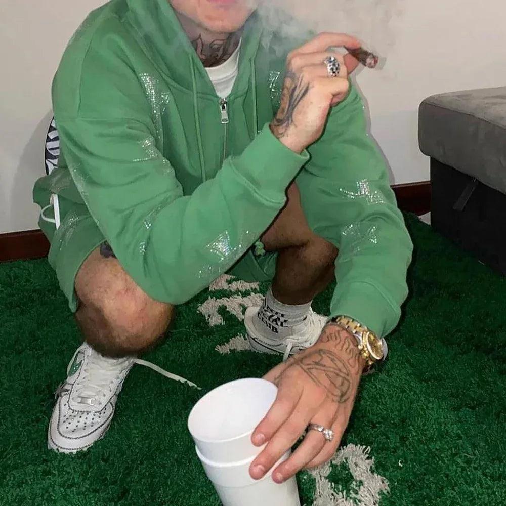 UNKNOWN LONDON Product Page - Cross Rhinestone Shorts - Green