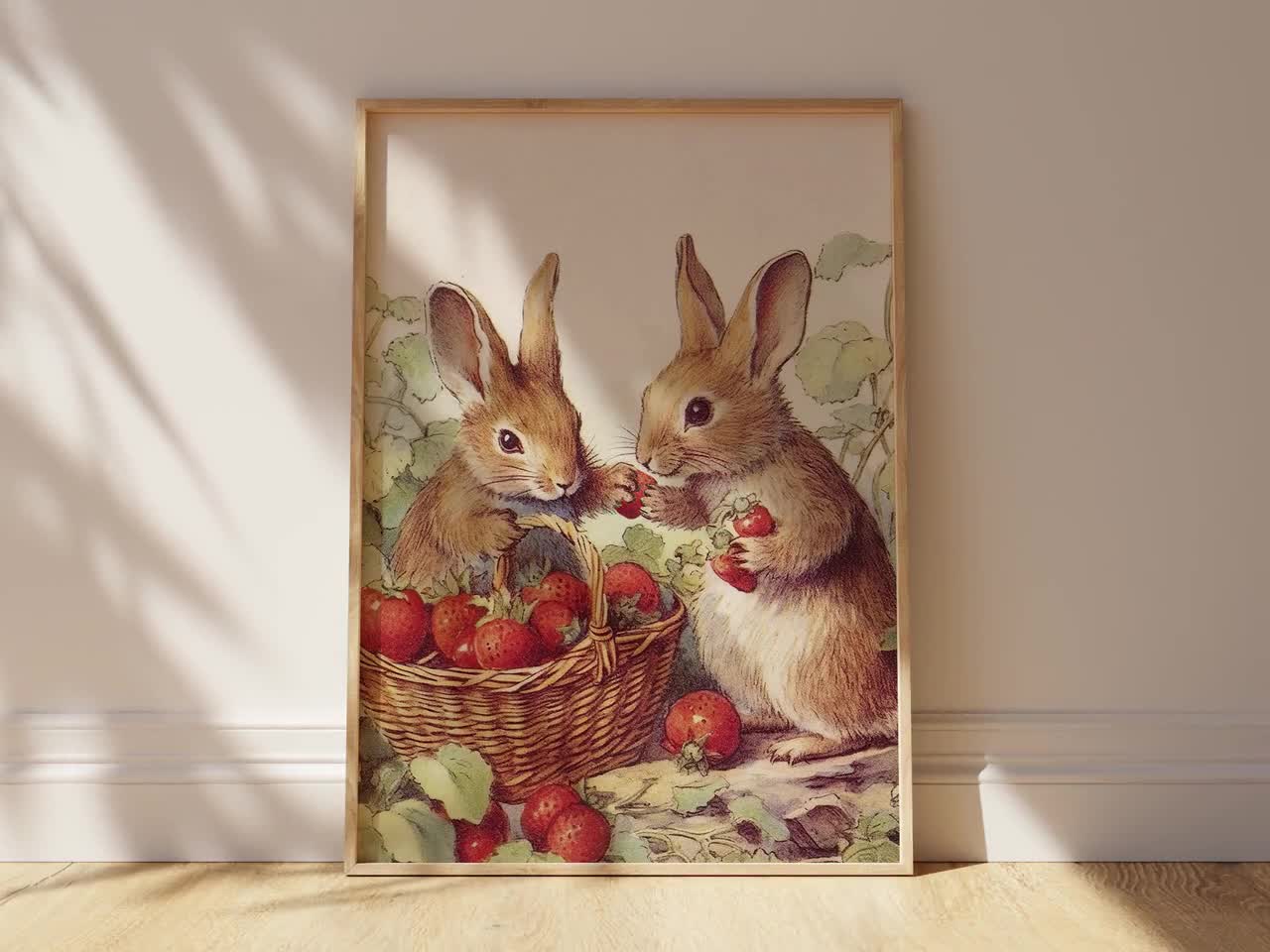 Bunny Rabbits Picking Strawberries Wall Art, Softness Nursery Art