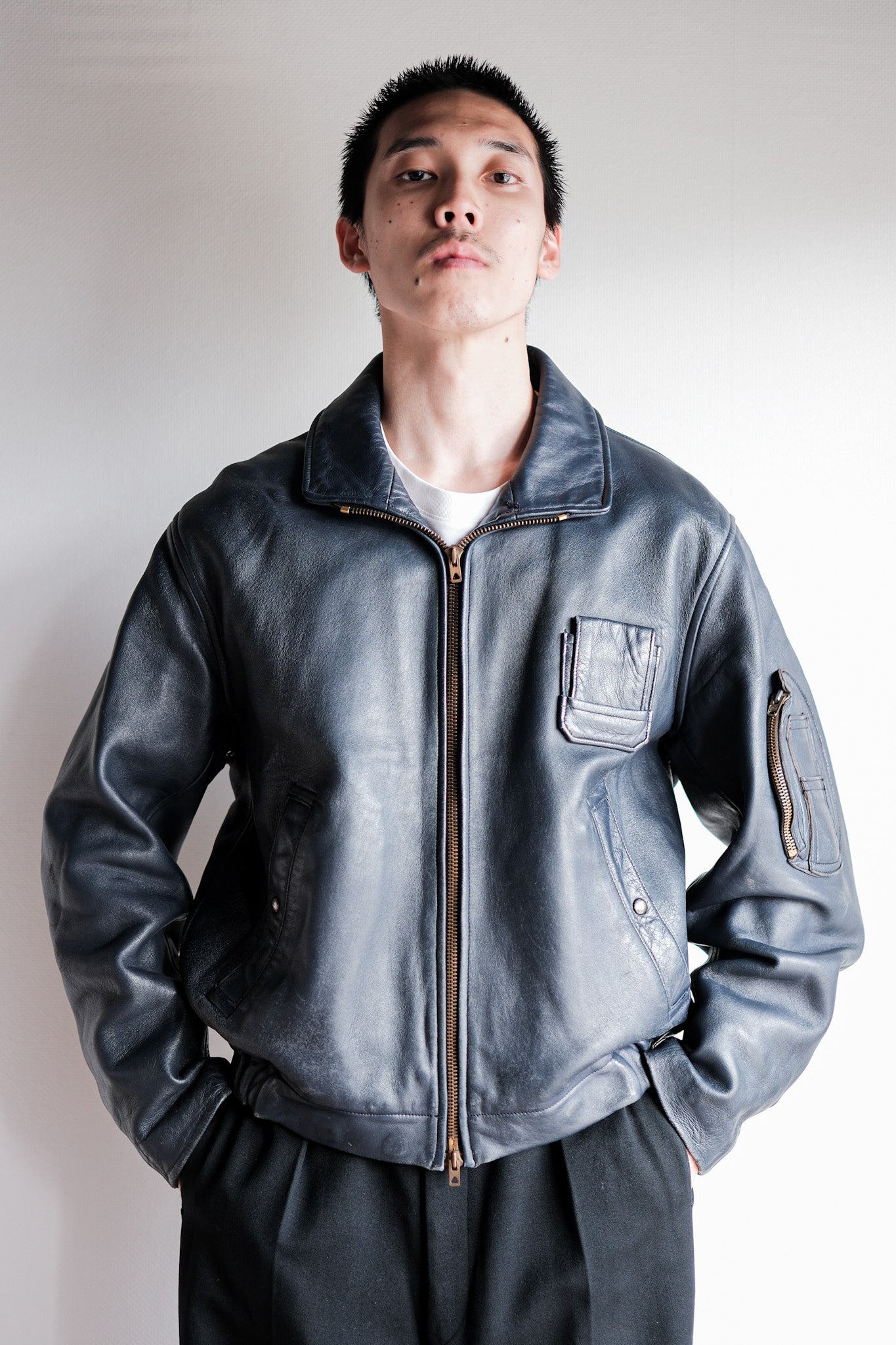 70's】French Air Force Pilot Leather Jacket Size.96M