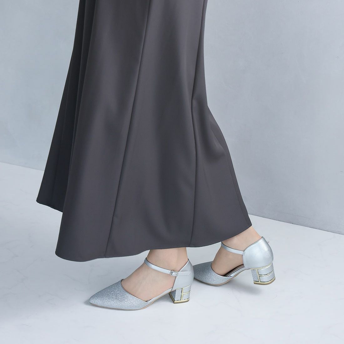 キラキラグリッターチャンキーヒールセパレートパンプス ｜靴